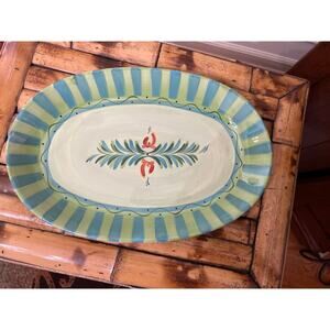 Gail Pittman  Oval Serving Platter Flowers Green Bands Hand Painted 14"
